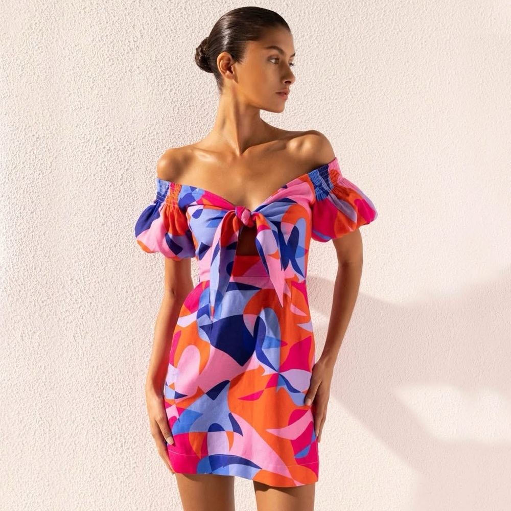 Rebecca Vallance Multicolor Off-Shoulder Mini Dress (Pink, Blue, Orange, Purple)
